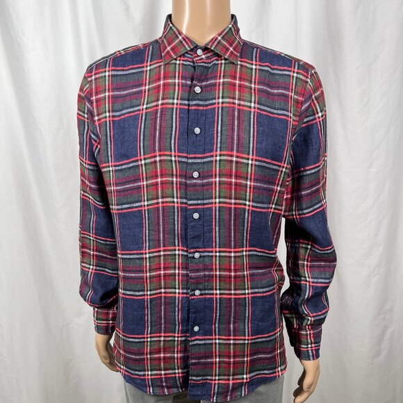 Rodd & Gunn Men's Large Blue Red Plaid Linen Blend Long Sleeve Button-Up Shirt - Picture 1 of 7